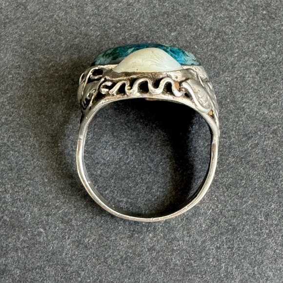 Vintage Art Nouveau Ring Pearl Sterling Silver Arts & Crafts Blue Floral 8.25 - Picture 10 of 15